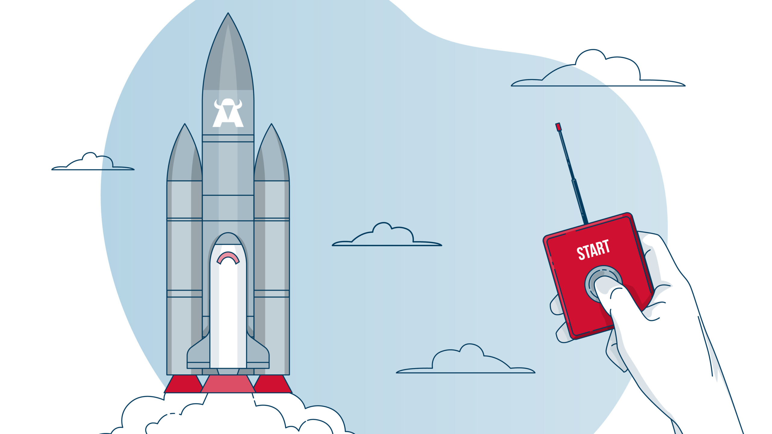 Illustration of a rocket about to launch with the WATA Factory logo, representing the well-planned start of a software project before development begins.