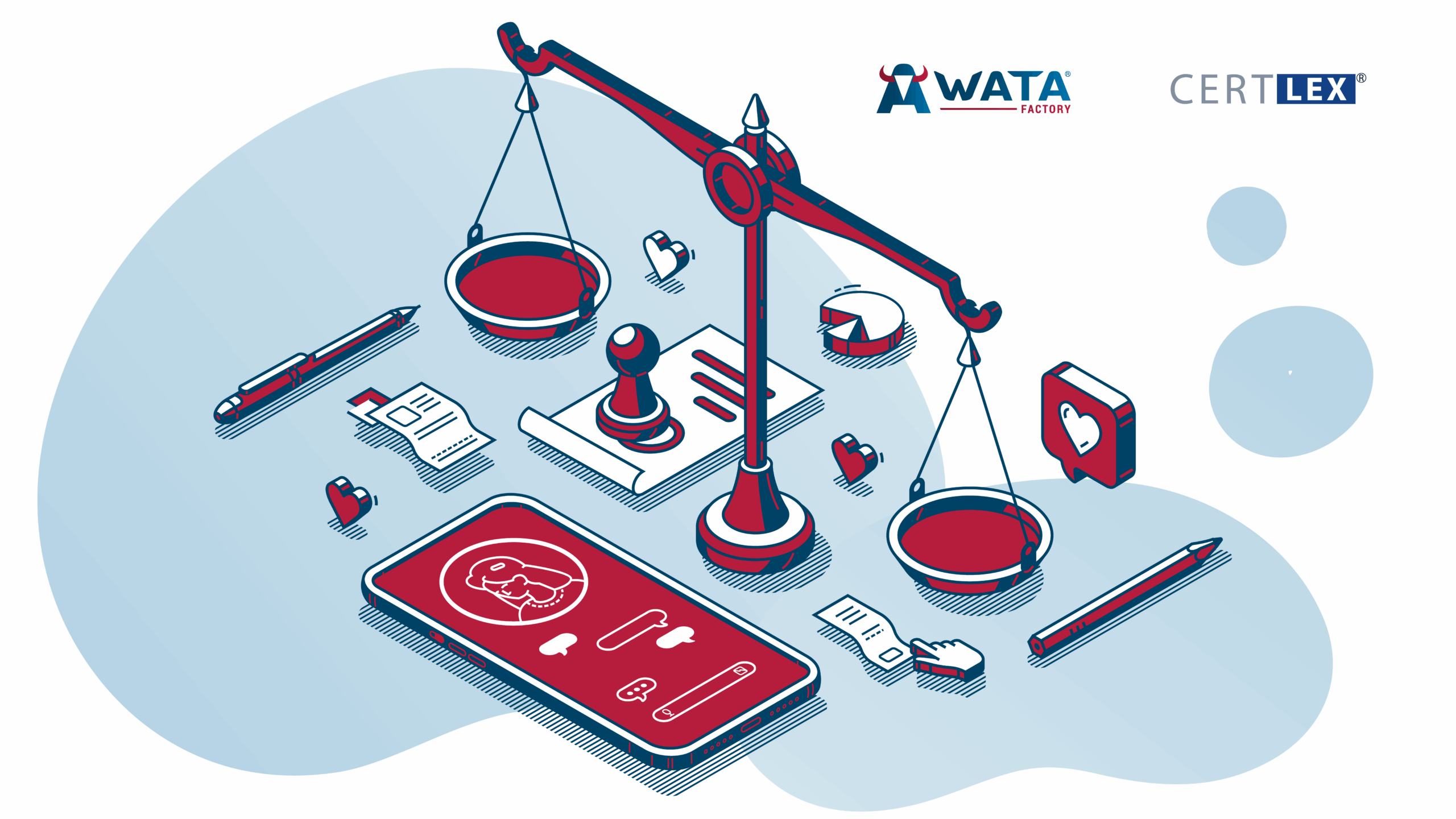 Ilustraciones sobre cumplimiento legal junto a los logos de WATA Factory y CertLex, destacando su colaboración tecnológica.