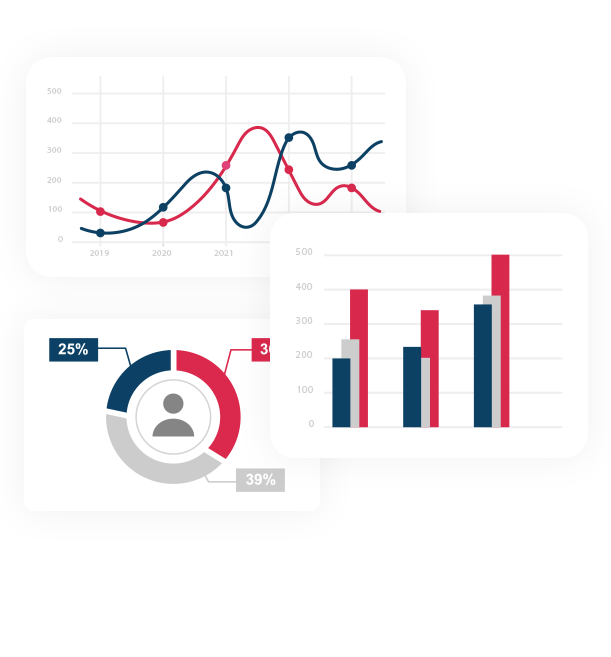 Illustration mit Linien- und Balkendiagrammen und Benutzeroberfläche – steht für Datenanalyse in WATA Factory-Projekten