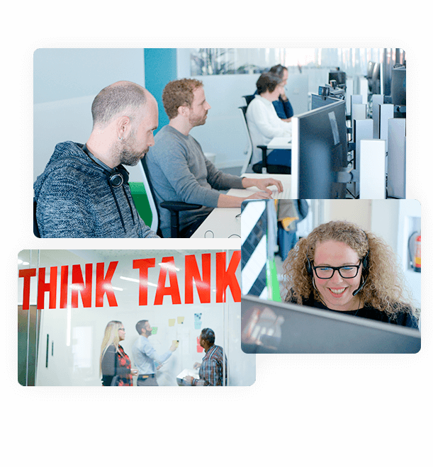 Fotocollage des WATA Factory-Teams bei der Arbeit in einem modernen Büro mit sichtbarem 'THINK TANK'-Schild
