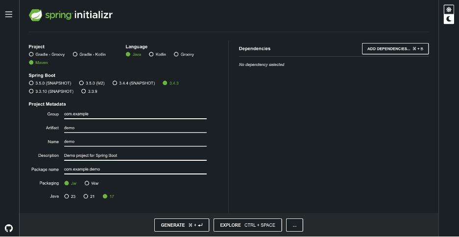 Captura de pantalla de la interfaz de Spring Boot para crear un nuevo proyecto, incluyendo opciones de configuración como metadatos, dependencias y herramientas de compilación