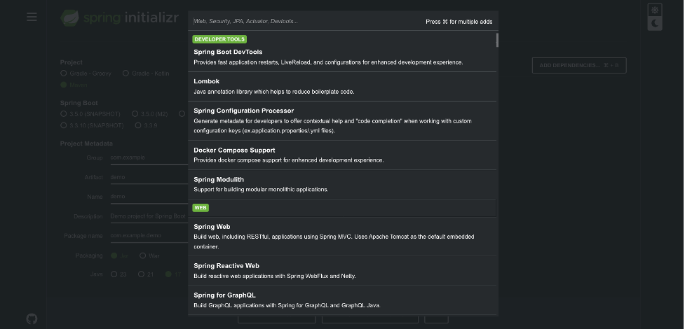 Captura de pantalla de la selección de dependencias en Spring Boot, donde se eligen librerías como Spring Web, Spring Data JPA y H2 Database