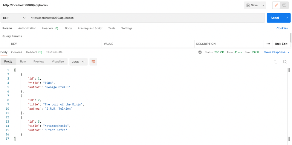 Postman-Oberfläche mit einer GET-Anfrage an einen Spring Boot REST-API-Endpunkt, um eine Liste aller Bücher vom Backend abzurufen