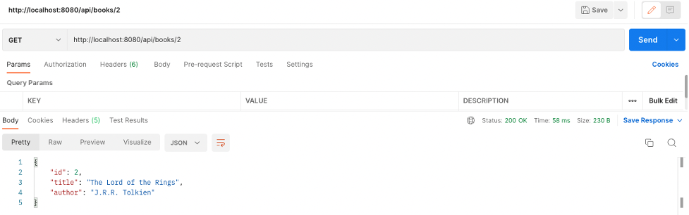 Postman-Oberfläche zeigt das Ergebnis einer GET-Anfrage an einen Spring Boot REST-API-Endpunkt, der die Details eines einzelnen Buches nach ID zurückgibt