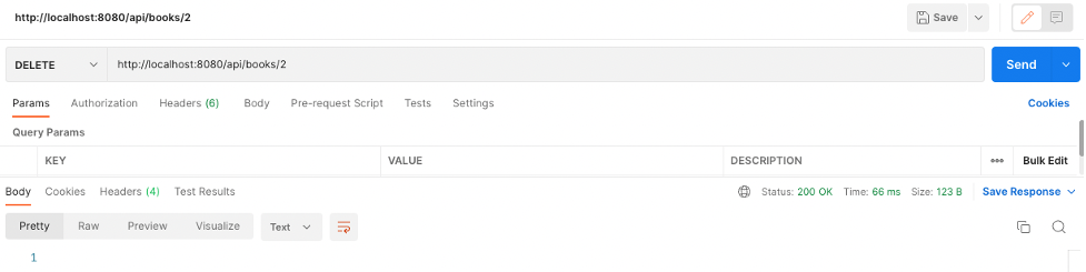 Postman-Anwendung mit einer DELETE-Anfrage an einen Spring Boot REST-API-Endpunkt, um einen bestimmten Bucheintrag aus der Datenbank zu löschen