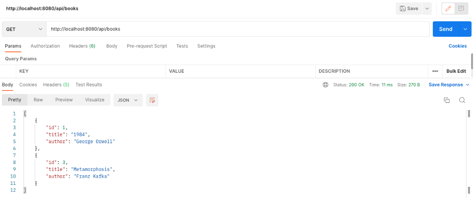 Uso de Postman para probar una API REST de Spring Boot mediante una solicitud GET que recupera todos los libros, mostrando la respuesta JSON en la interfaz