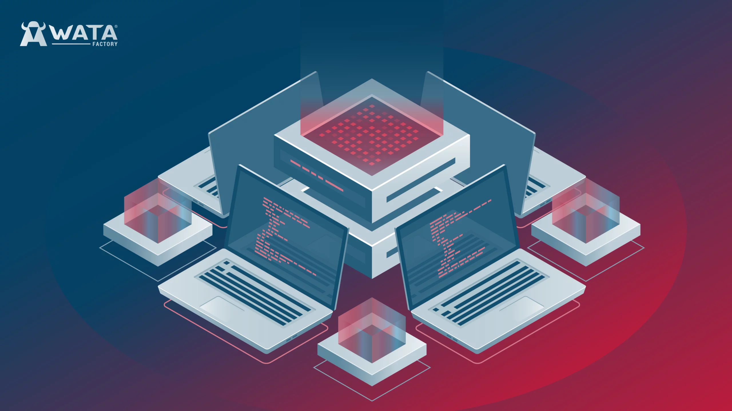 Vektorillustration von Laptops, die mit einem zentralen Server verbunden sind und die Orchestrierung von Anwendungen mit Kubernetes beim All Hands von WATA Factory darstellen.