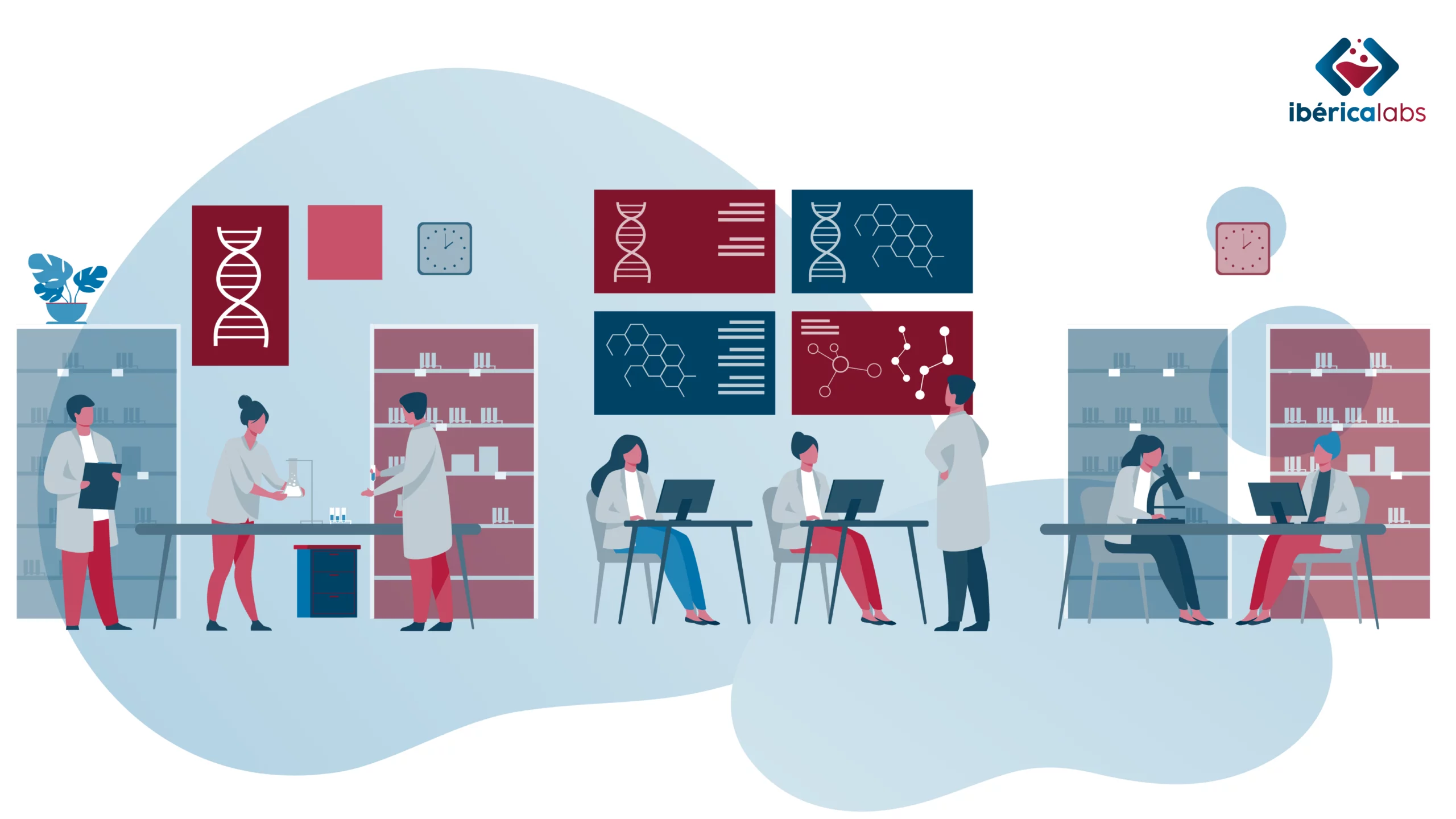 Ilustración de un laboratorio tecnológico con científicos trabajando, simbolizando los Ibérica Labs de WATA Factory.