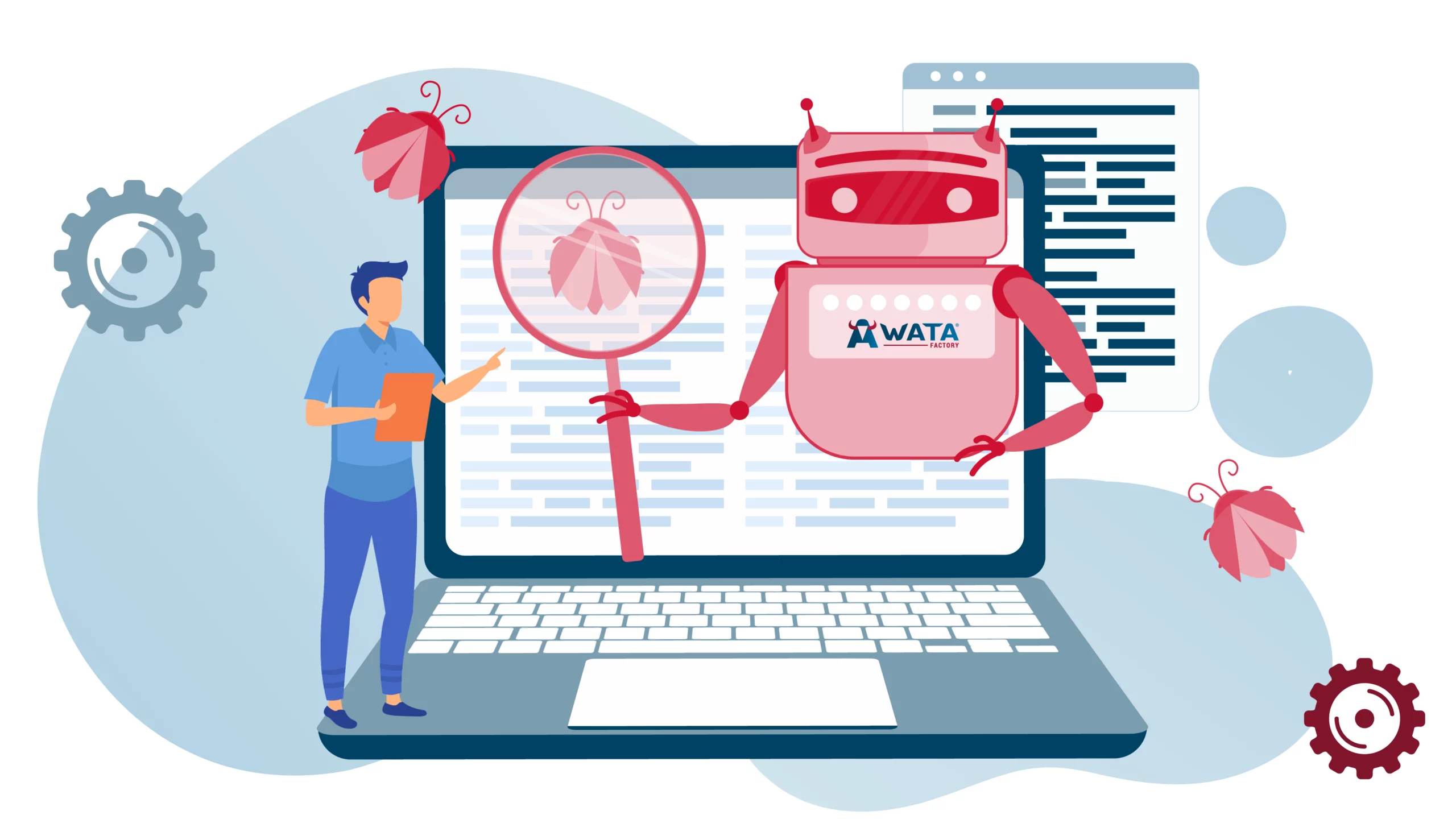 Roboter erkennt Bugs auf einem Computerbildschirm, während eine Person zuschaut, symbolisiert Zusammenarbeit von Automatisierung und menschlicher Kontrolle.