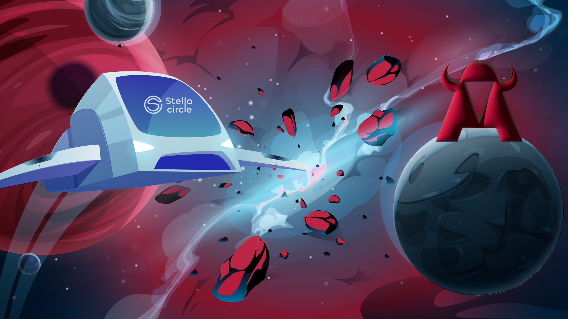 Tren espacial con el logo de Stella Circle avanzando a través de una explosión de meteoritos hacia un planeta con el logo de WATA Factory, sobre un fondo galáctico estrellado.