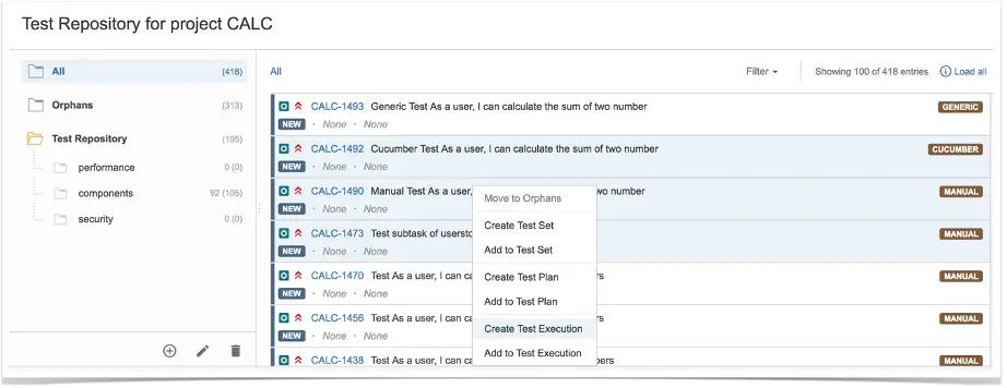 Xray Test Repository für Calculator-Projekt, Tests nach Modulen und Typen für Kontrolle und Sichtbarkeit.