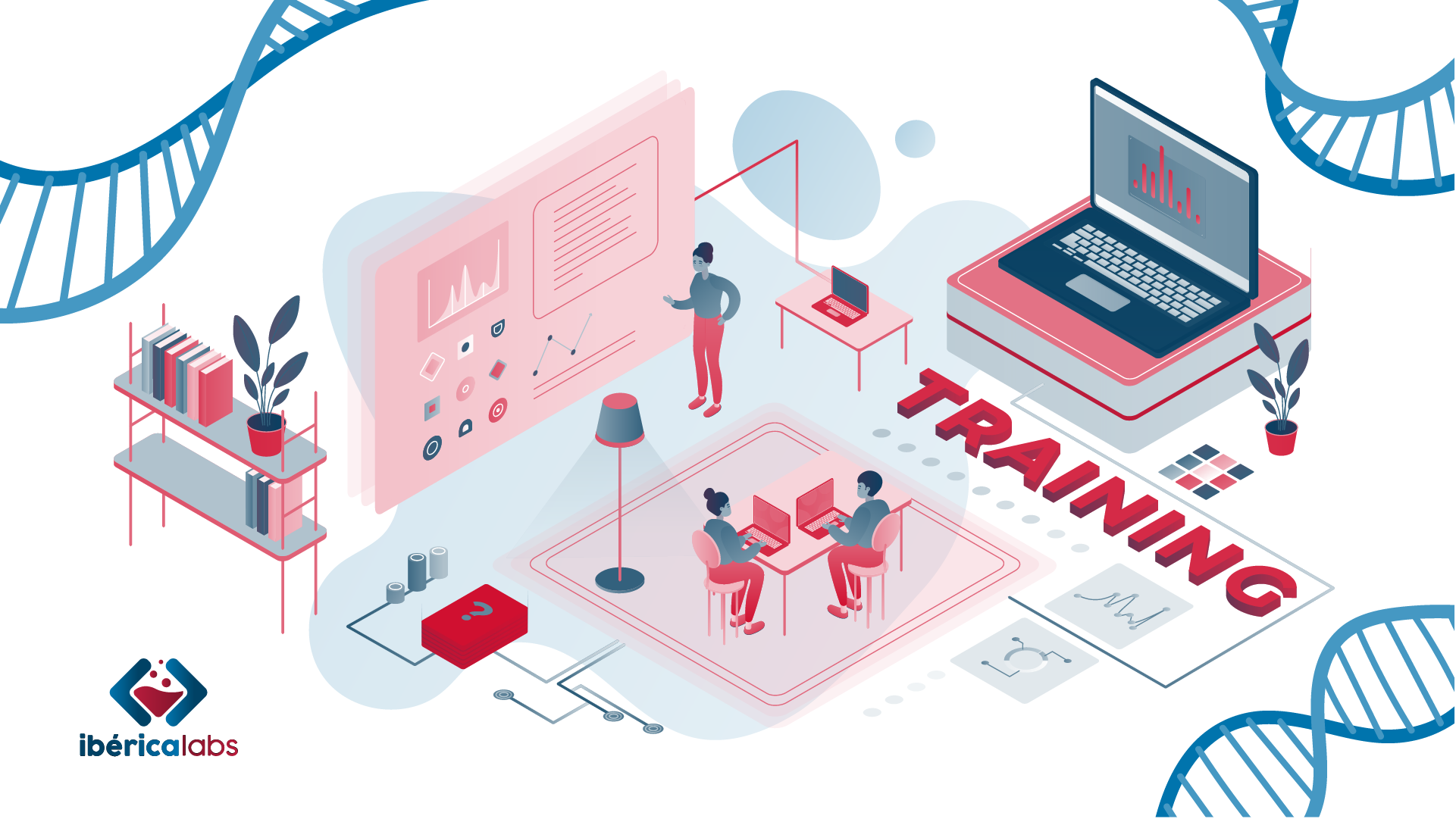 Ilustración que representa la programación de Ibérica Labs con distintas fases de trabajo, sesiones prácticas y dinámicas de grupo para aprender y compartir ideas.
